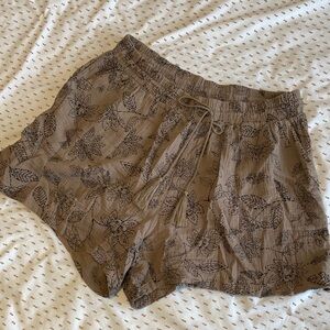 Tan cotton gauze Shorts with Black Floral Design